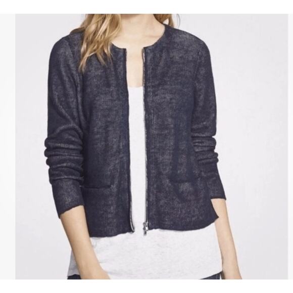 Eileen Fisher Organic Dyed Linen Knit Navy Zip Cardigan Jacket Size XS - Picture 1 of 9